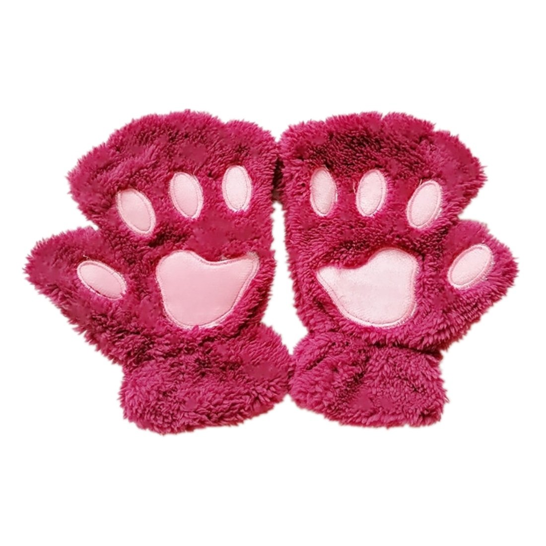 MizHome Cat Bear Plush Claw Paw Mitten Soft Winter Gloves Costume Wine Red