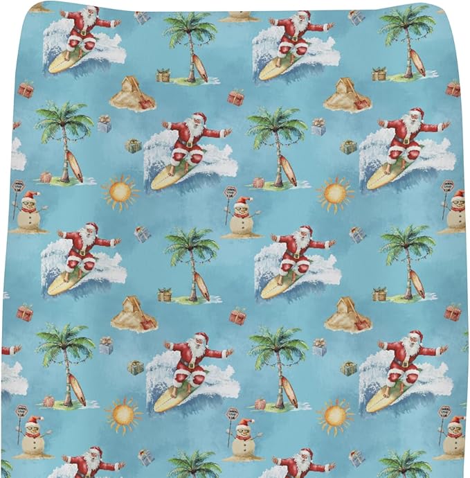 Christmas Surfing Santa Beach Baby Changing Pad Covers for Boy Girl Summer Santa Surfboard Palm Tree Gifts Fitted Changing Table Mats Winter Holiday Festive Soft Diaper Change Table Sheets 32''×16''