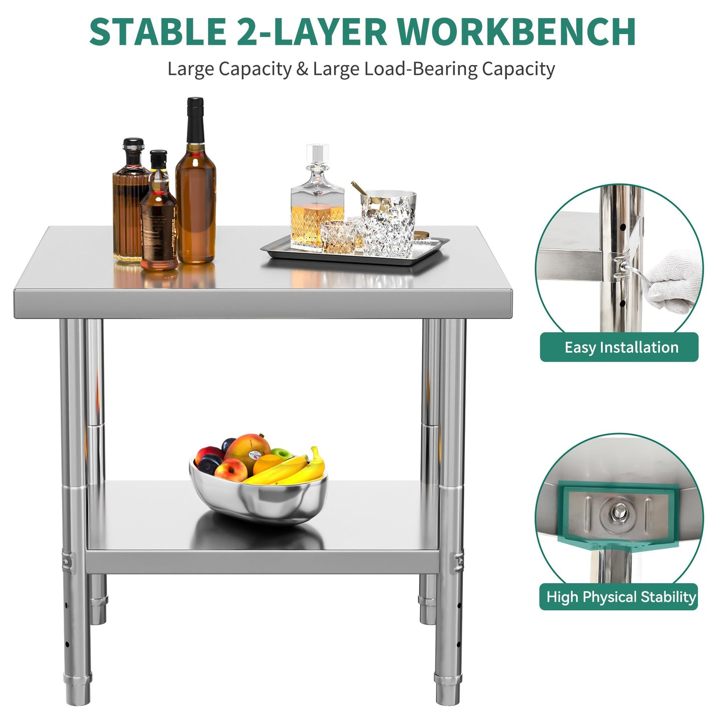YITAHOME NSF Stainless Steel Table, 30" X 24" Work Table, 2 Shelves Metal Prep Worktable for Home Kitchen Restaurant Garage Warehouse Outdoor