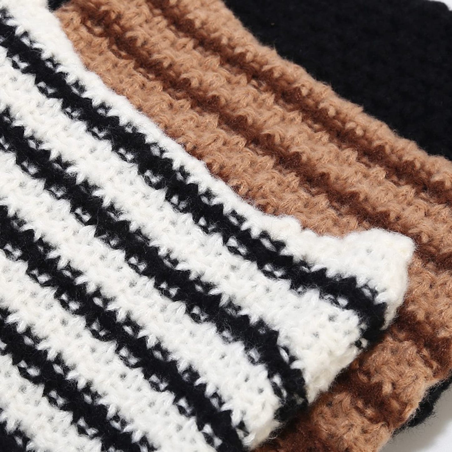 Women Striped Beanie Hat with Little Devil Horn Winter Warm Cap Cute Cat Ears Knitted Hat Fall (Black and White)