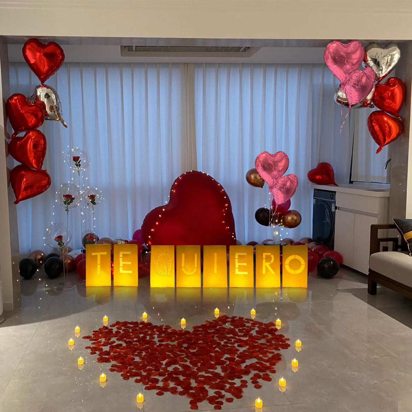 Te Quiero Lighted Letters Sign 17Pcs Luminary Paper Bags 2200Pcs Red Pink Artificial Rose Petals 48Pcs Flameless Led Candle Tealight 15Pcs Heart Balloons Romantic Night ValentineS Day