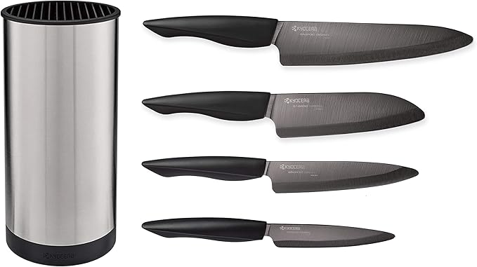 Kyocera 5 piece Ceramic Knife Block Set, Black Patented Blade Sizes: 7", 5.5", 5", 4.5", Stainless