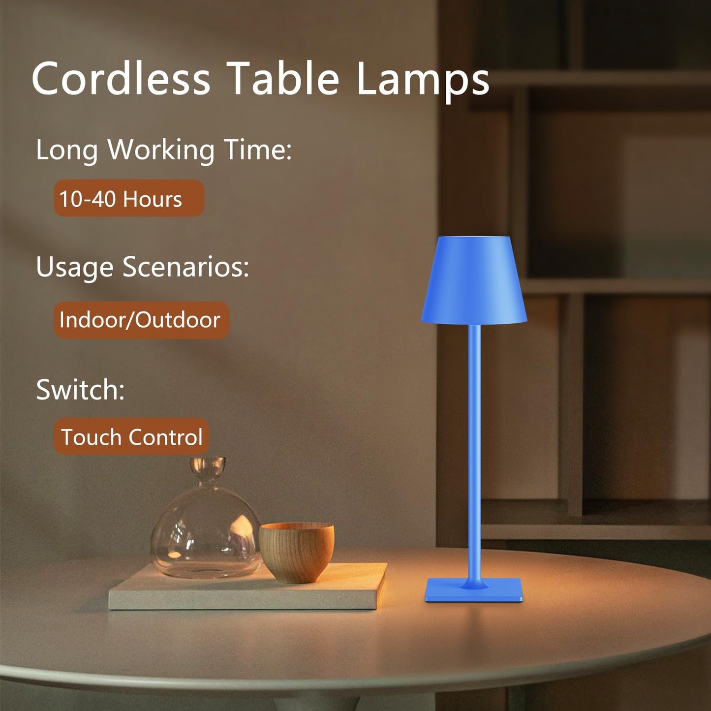 Yogaret Blue Cordless Table Lamp Set of 2, Metal Indoor/Outdoor Lighting, Model Yogaret-Dinner Lamp