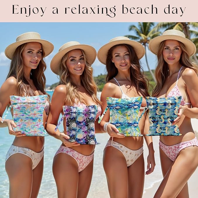4 Pack Wet Bag for Swimsuit, Beach Travel Essentials Wet Dry Bag, for Sunscreen Toiletry Dirty Clothes Yoga Gym Diaper, Friend Summer Beach Vacation Gifts. Ocean Series