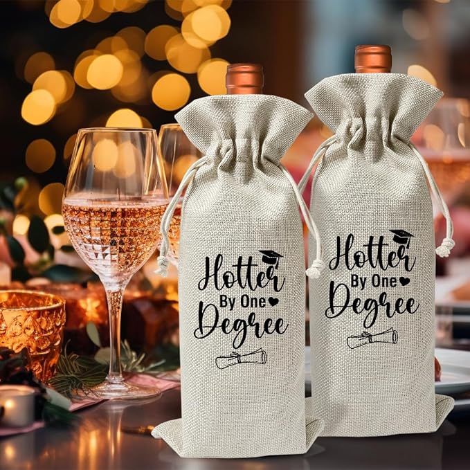 Graduation Wine Bag, Hotter By One Degree Wine Gift Bag For Her Masters Graduates College Grad, Burlap Wine Bottle Cover Bag For Graduation, Graduation Party Supplies Or Favors Or Decoration