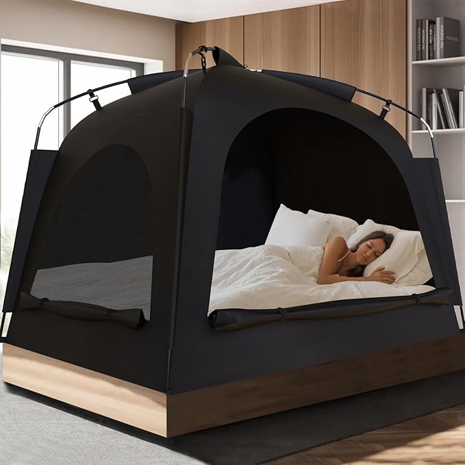 Bed Tent - Portable Indoor Privacy Dream Tents Bed Canopy for Kids and Adults, 80% Blackout Sleeping Tents for Bed, Breathable Privacy Space with 2 Doors，Phone & Pad Holders Inside