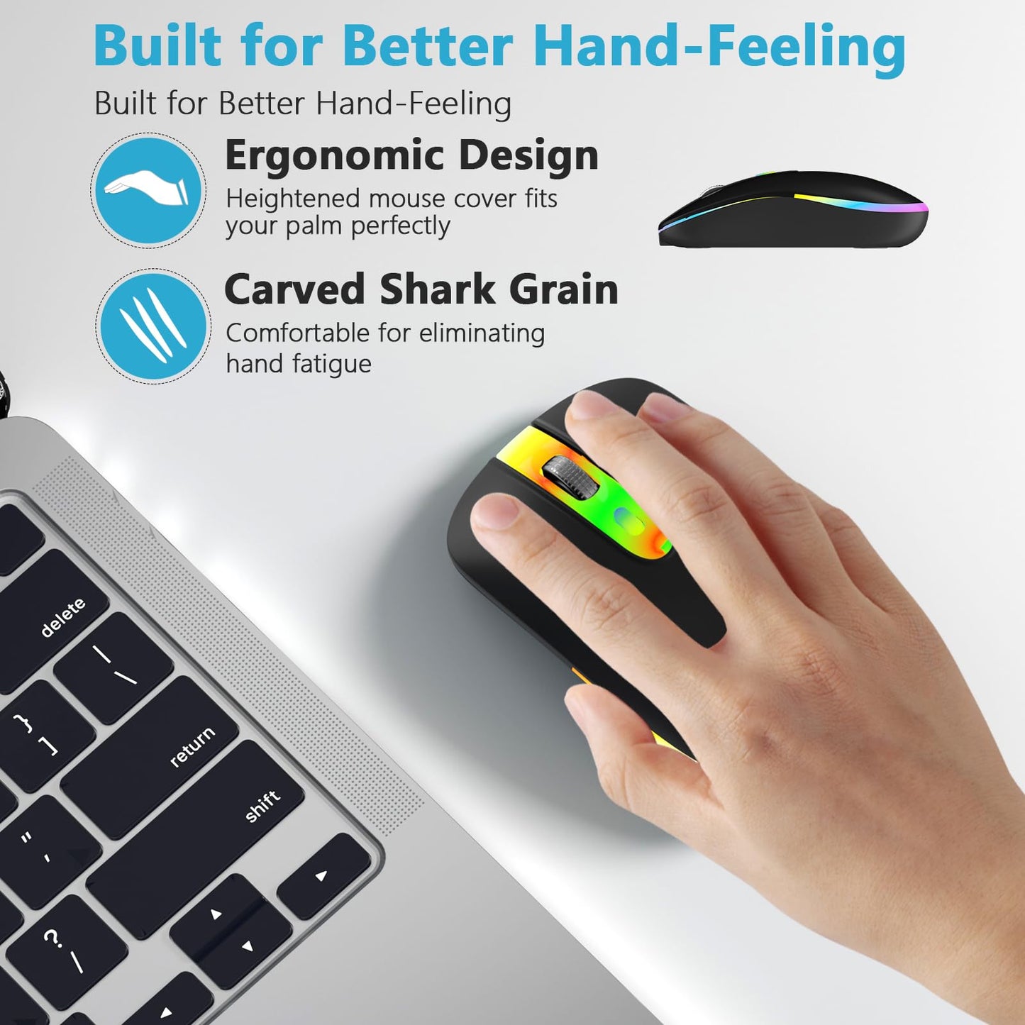 HZD LED Wireless Mouse, Slim Silent Rechargeable Mouse, 2.4G Portable USB Optical Mouse with Type C Adapter, 3 Adjustable DPI Levels 1600/1200/800 for Laptop/Tablet/Computer