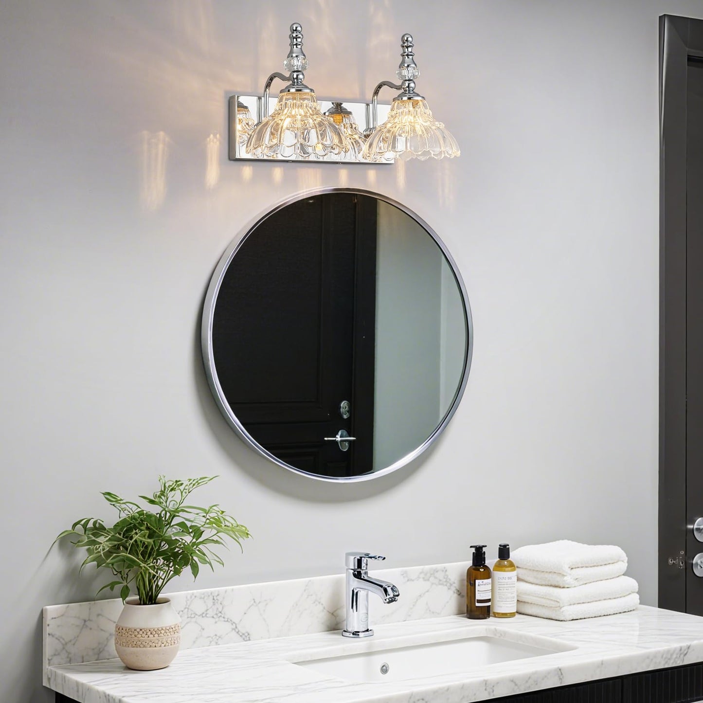 Lbsqj Vintage Bathroom Vanity Light  2-Light Chrome Vanity Lighting Fixture With Flower Glass Shade  Bathroom Lighting Fixtures Over Mirror