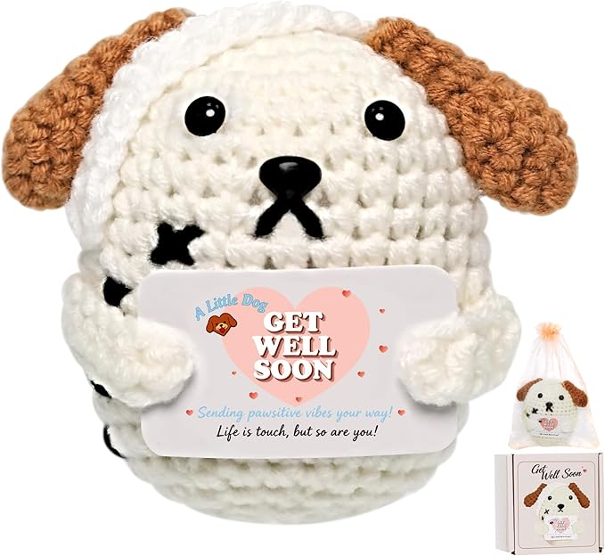 Crochet Get Well Puppy Gift - Handmade Dog Positive Pug Crochet Animal with Box Mesh Bag for Women Men Adult Emotional Ins...