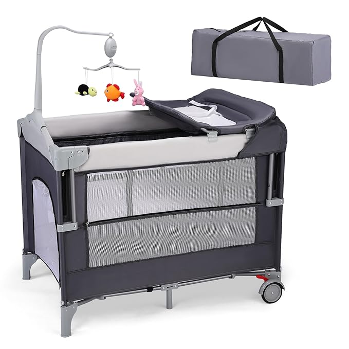 JOYMOR Pack and Play with Changing Table, 5-in-1 Portable Baby Bedside Bassinet with Storage, Travel Crib with Carry Bag, Compact Fold (Gray)