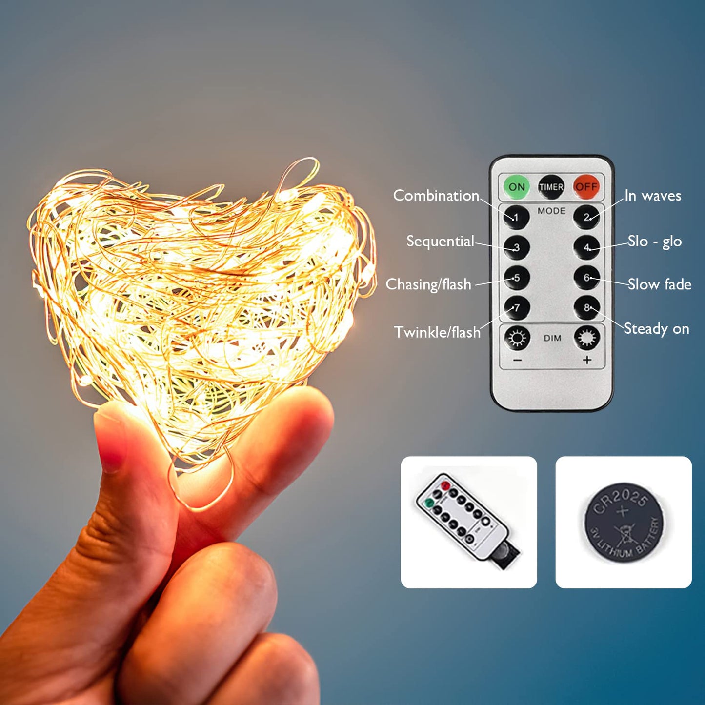 Homemory Fairy Lights, 20 Ft, 60 LED, Battery Operated, Warm White, Waterproof, 8 Modes, 2 Pack