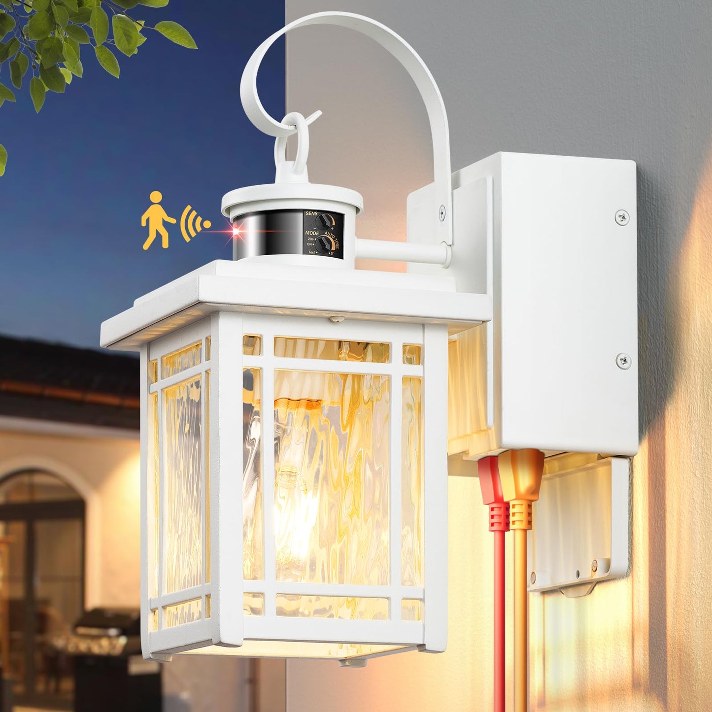 Opaxis Outdoor Porch Light With Gfci Outlet  White Exterior Lighting Fixtures Wall Mount  Motion Sensor Outdoor Wall Sconce  Anti-Rust Coach Lights For Garage  Modern Patio Lantern Lights For House