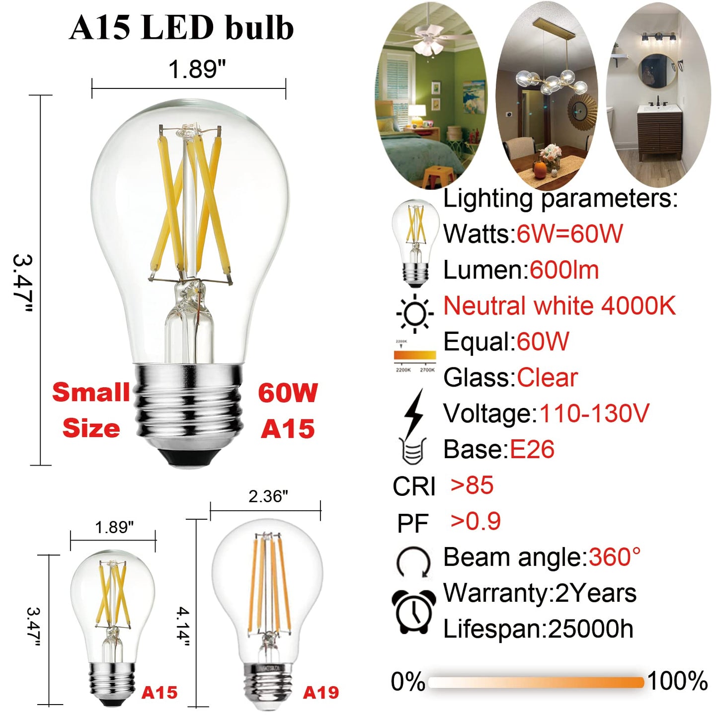 LiteHistory A15 LED Bulb 6W Equal E26 Led Bulb 60 Watt Non-Dimmable Edison Light Bulb Neutral White 4000K Clear AC120V 600LM E26 Bulb for Ceiling Fan,Wall sconces,Fridge,Desk lamp Pack of 6