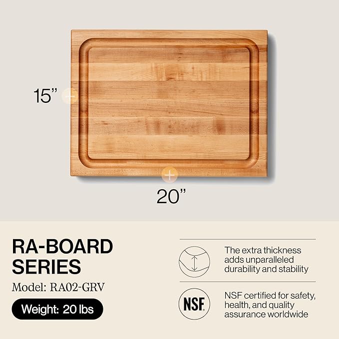 John Boos RA-Board Series Rectangular Wooden Maple Deluxe Barbecue Cutting Board 20”x15” – 2.25” Thick, 20-lb Reversible Butcher Block with Juice Groove, Edge-Grain & Finger Grips – Made in the USA