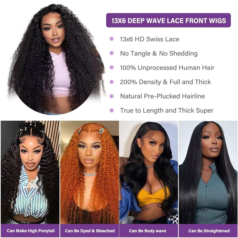 13x6 Lace Front Wigs Human Hair 200 Density HD Transparent Lace Frontal Wigs Human Hair 13x6 Pre Plucked Deep Curly Glueless Wig