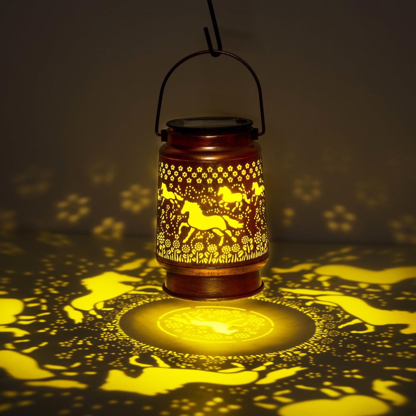 KIKUSUI Solar Lanterns for Outdoor Decor, Metal LED Lanterns, Warm White Horses, Model D7-DL12