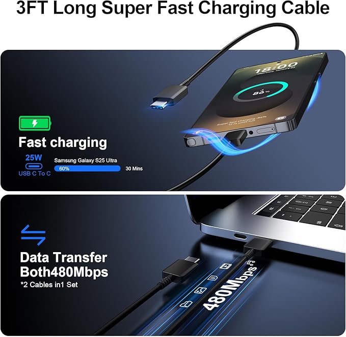 Super Fast Charger Type C, 25W USB C Wall Charger Fast Charging for Samsung Galaxy S25 Ultra/S25/S25+/S24+/S24 Ultra/S24/S24+/S23 Ultra/S22 Ultra/S21 Ultra with 3FT Long Type C Charger Cable 2Pack
