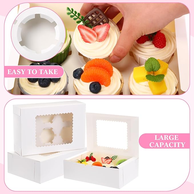 36 Pack Cupcake Boxes Hold 6 Count Christmas Disposable Cupcake Containers with Window and Cake Carrier with Thanks Card and Jute Rope to Muffins Cupcakes Cookies Gift Wrapping(White)