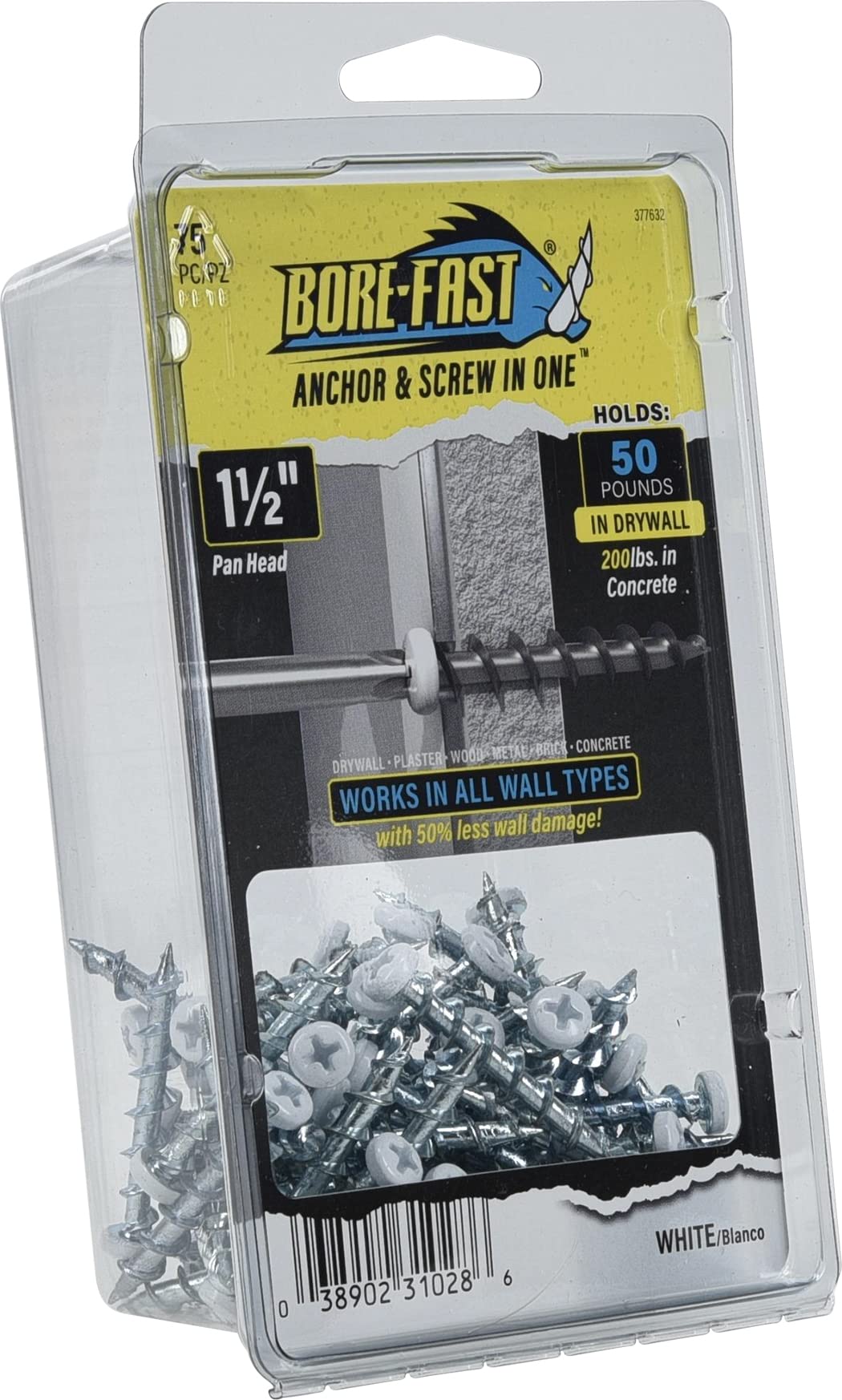 Hillman Borefast Drywall Anchors, Holds 50 Pounds in Drywall and 200 Pounds in Concrete, 1 1/2" Pan Head, White, 75-Pack, 377632