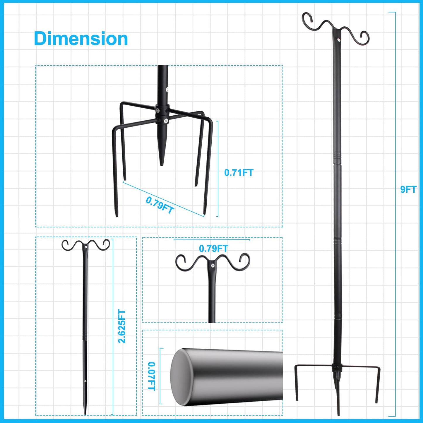 Lightdot Outdoor String Light Poles, 9FT Metal Patio Stand, 3Pack, Black, Model LSTM-G40-H