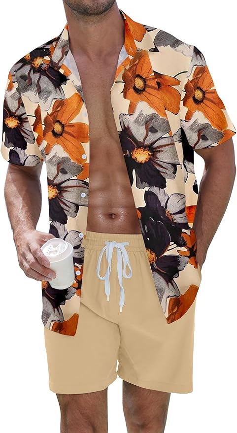 UOUA Men's Beach 2 Piece Outfits Hawaiian Flower Button Down Shirts and Shorts Sets