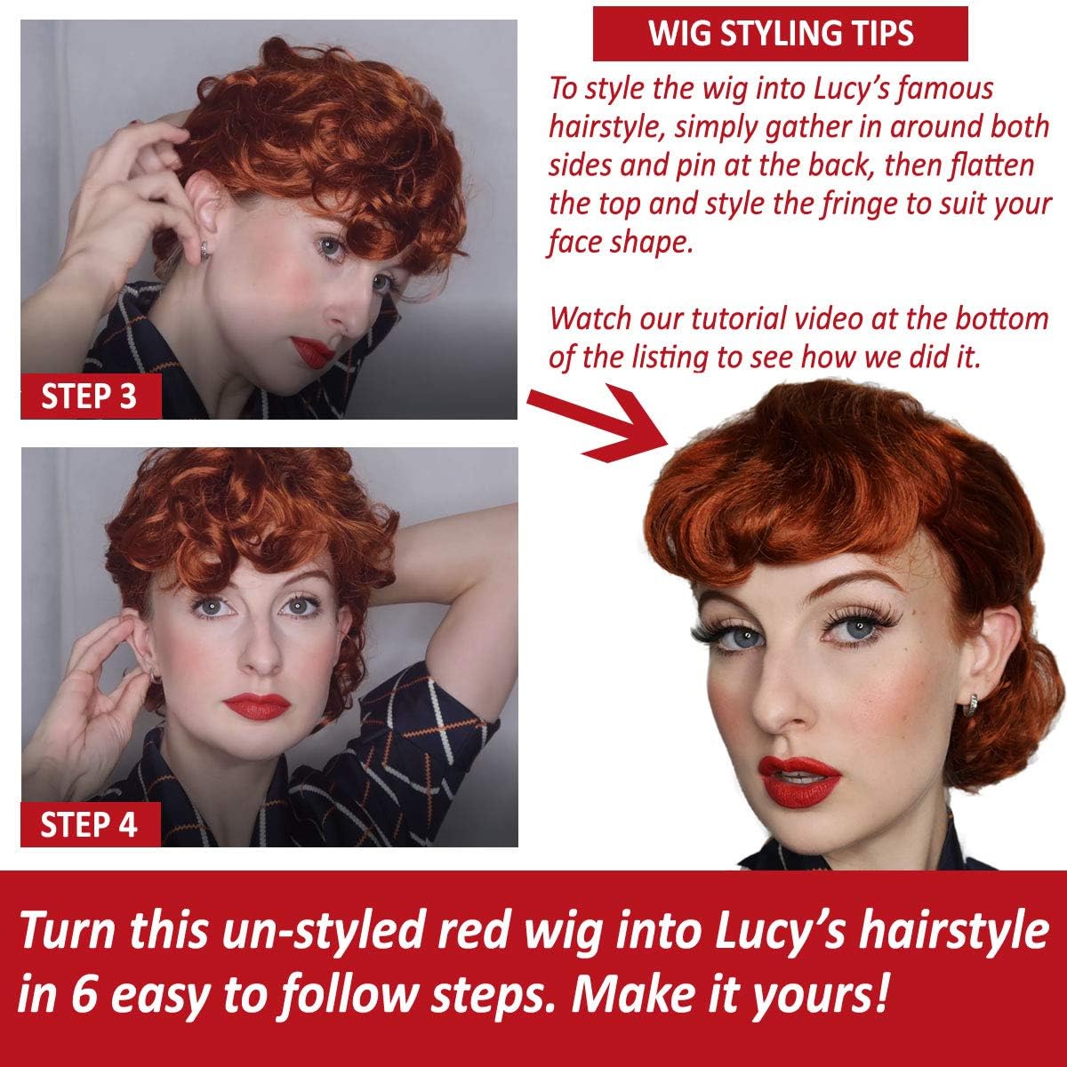 ALLAURA Wigs Lucy Auburn Red Hair Wig 50s Housewife - Synthetic Natural Looking - Lucy Wig 1950s Wig | Compatible with Lucy Wig