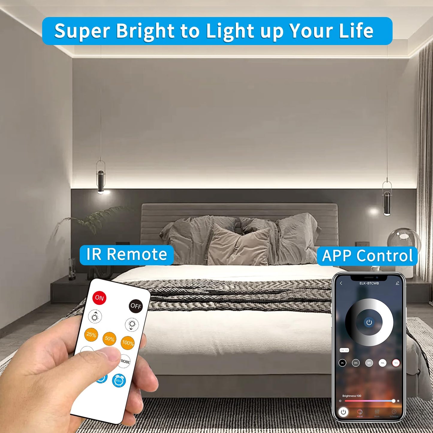Yeewhale 100ft COB LED Strip Lights, Dimmable 6000K White, Flexible LED Tape Light with Remote and App Control, Model Yeewhale-100cobW01