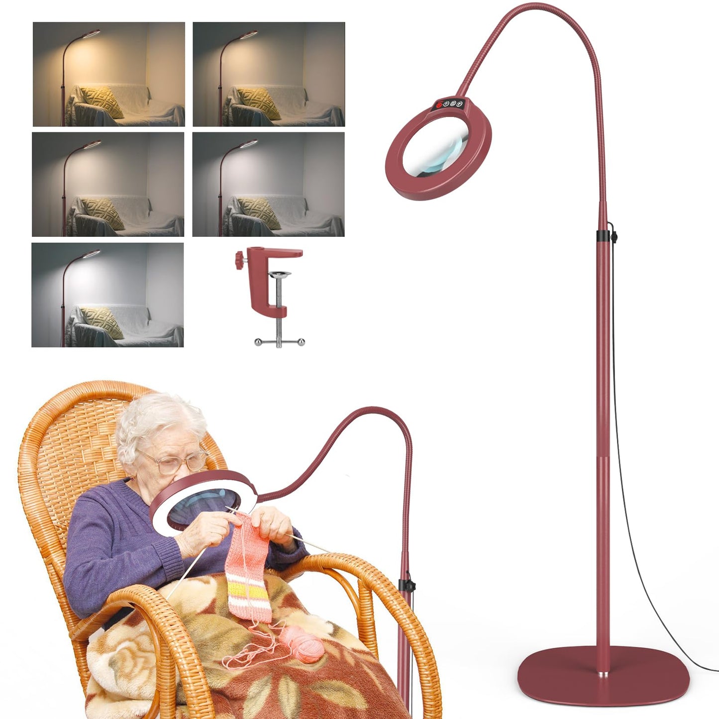 Krstlv 10X Magnifying Glass with Light, 24in Gooseneck Floor Lamp, 3-in-1 LED, Stepless Dimmable, Red, Model RLFG609