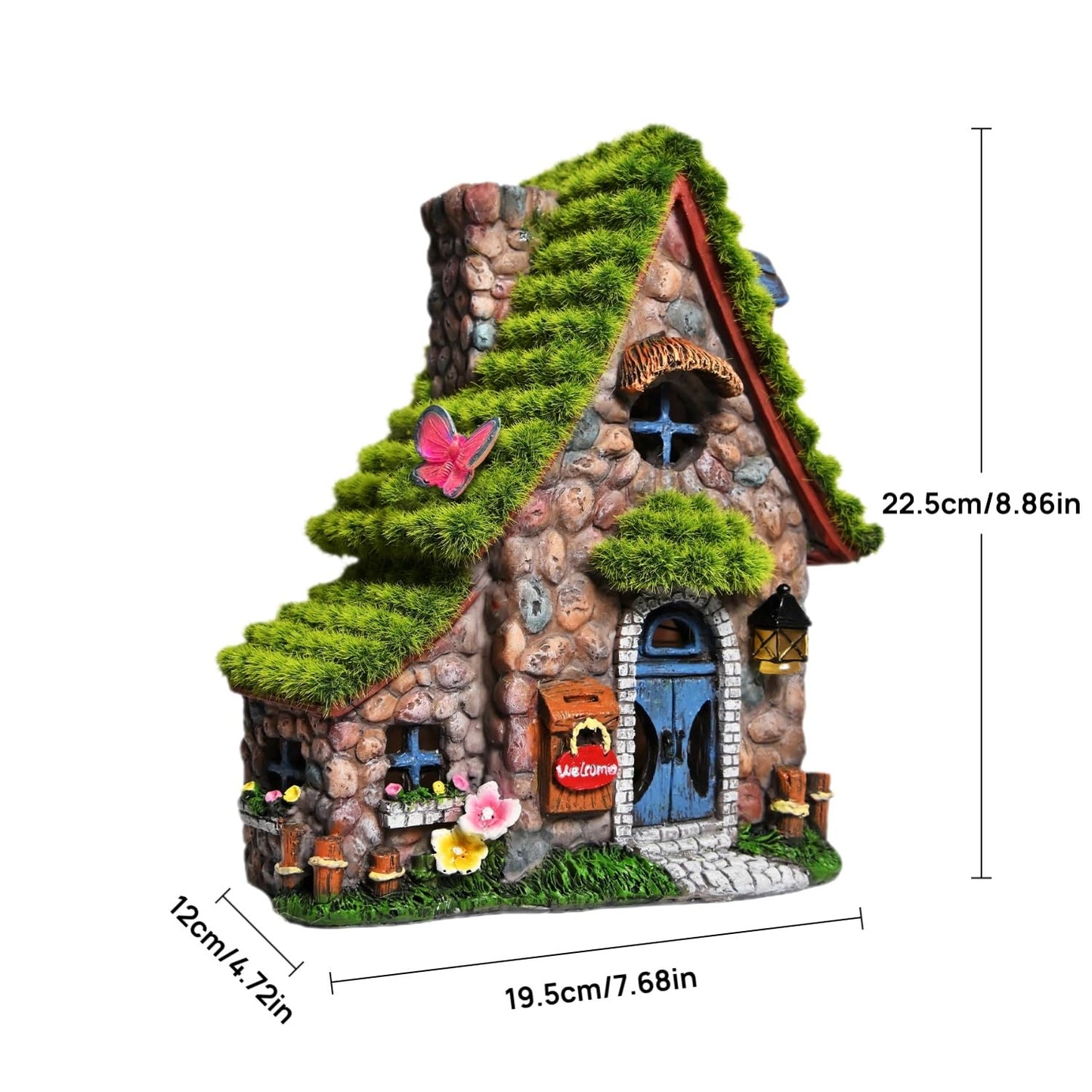 ASAWASA Resin Fairy House Statues with Solar Lights, Double House Garden Sculptures