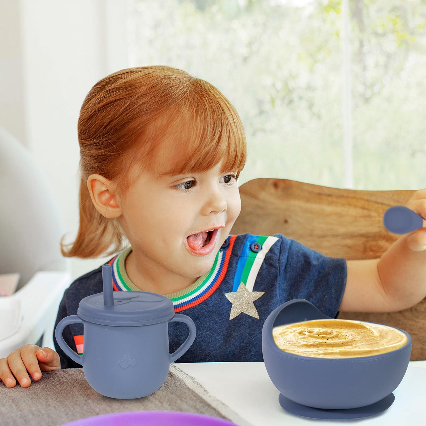 Dormlony 100% Silicone Baby Feeding Set, BPA Free Baby Dishes with Suction Bowl, Divided Plate, Toddler Self Feeding Dish Set with Spoons, Forks, Sippy Cup and Bib, Baby Eating Utensils (Navy Blue)