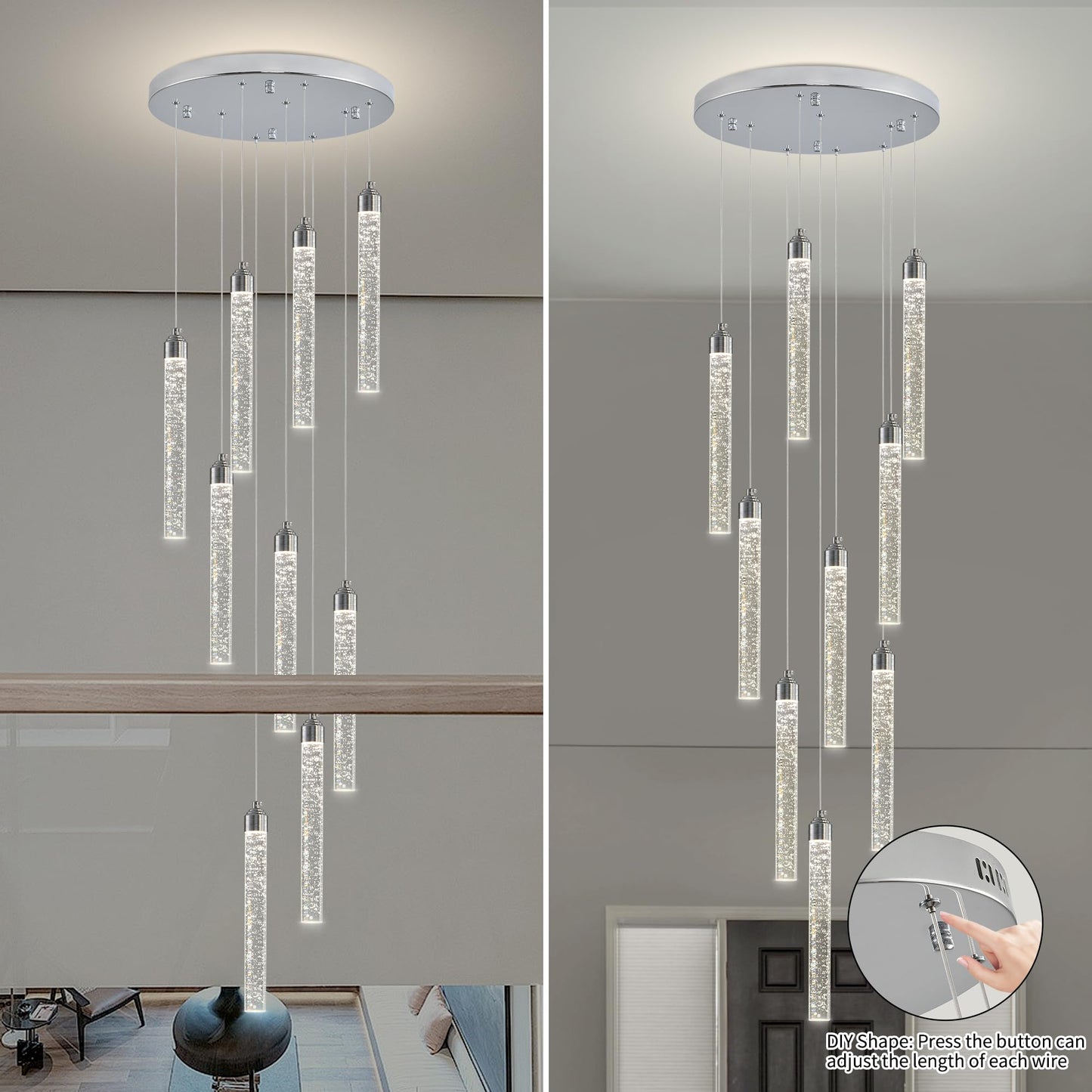 YwueChwu Crystal Staircase Chandelier, 9 Lights, Dimmable LED, Silver, Model YWSC-S09-0116