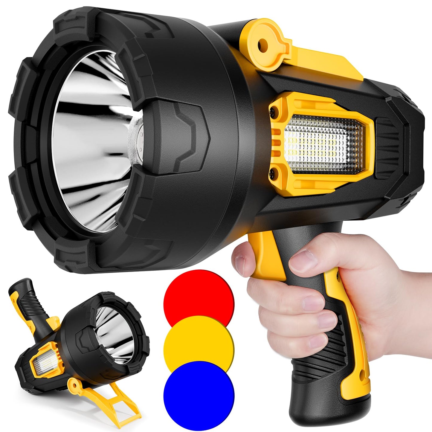 BEFAMALI Rechargeable Spotlight 99000 Lumens LED Flashlight with Tripod, 10000mAh, Black, Model W5225