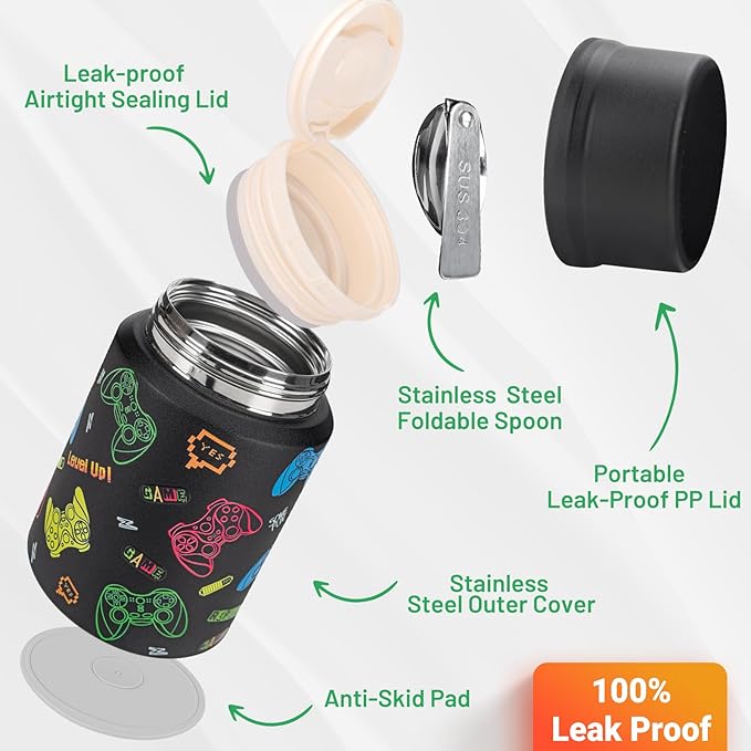 Charcy 17oz Thermo for Hot Food, Soup Thermo Food Container for Lunch Box with Folding Spoon ZB - Black Game