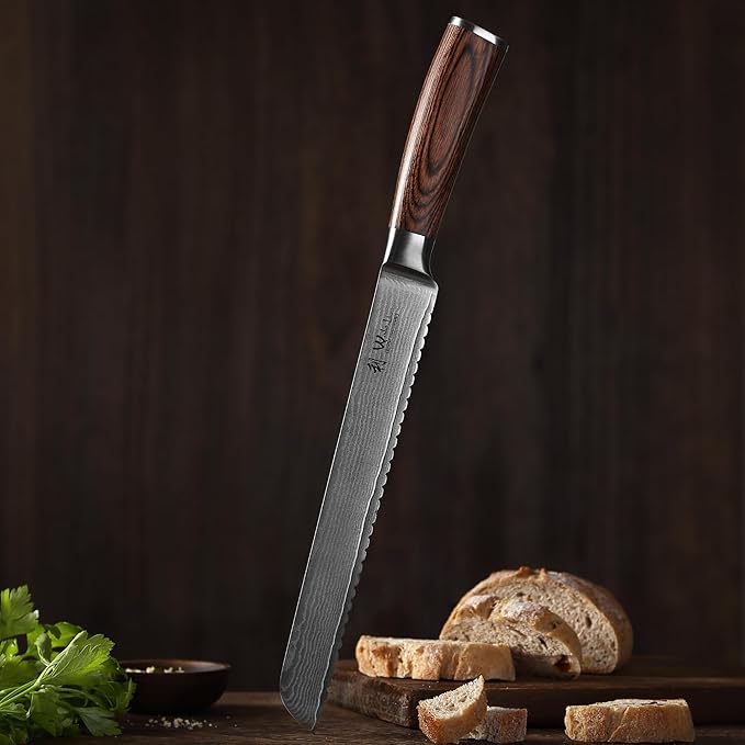 Wakoli EDIB Damascus Bread Knife – 9.1-Inch Long Serrated Blade | Japanese Style Kitchen Knife Made from 67-Layer Damascus Steel with VG10 Core | Ergonomic Pakkawood Handle | Premium Knife in Gift Box