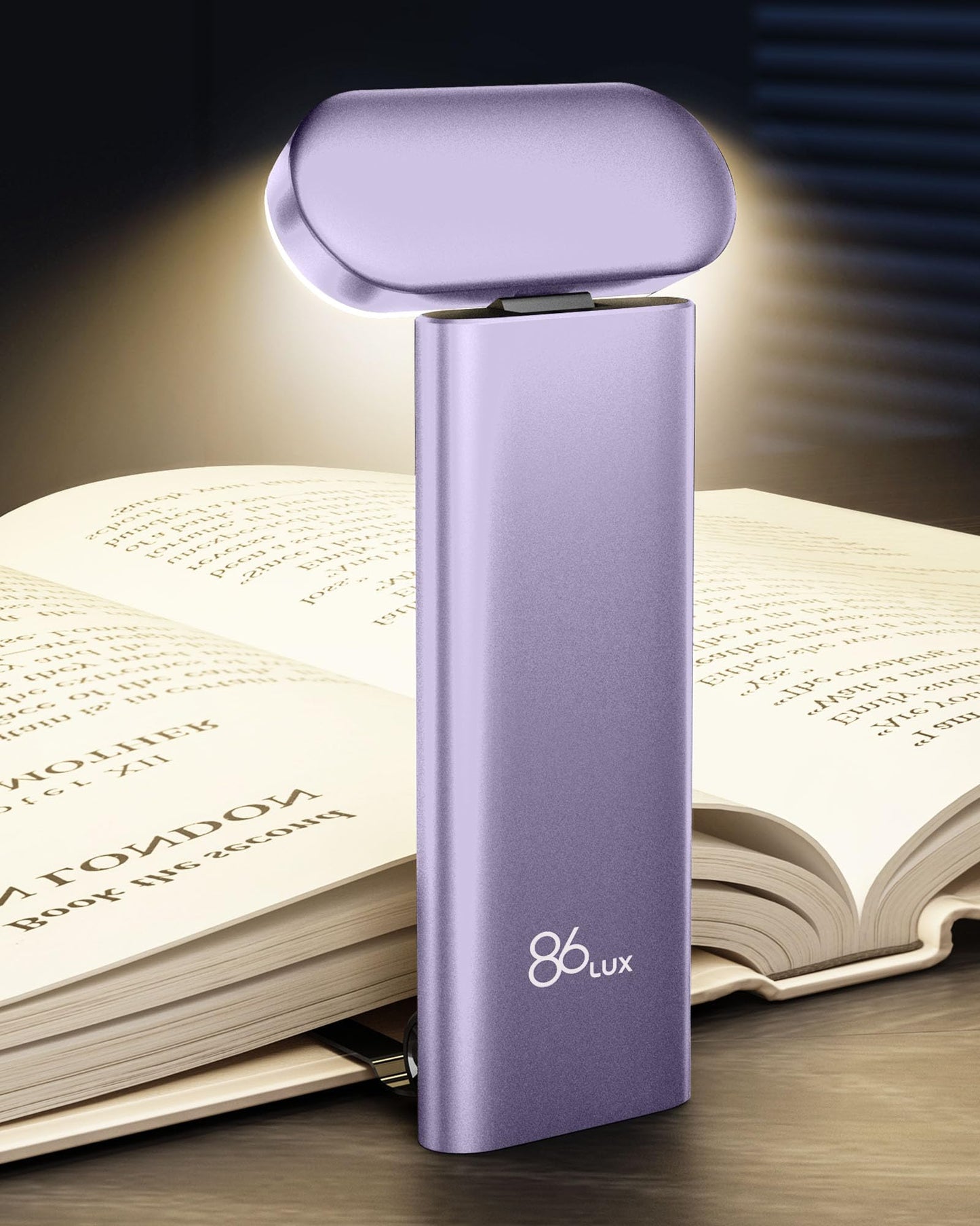 86lux Book Light USB Rechargeable LED Night Light with 3 Colors Dimming, Model OK25, Lavender