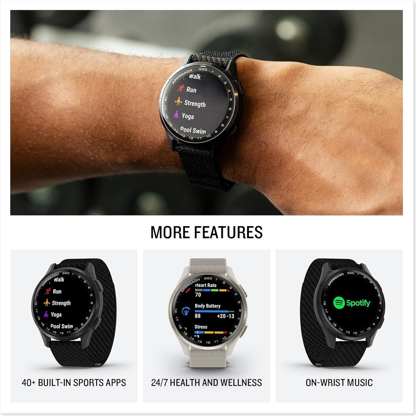 Garmin Approach S50 Advanced Golf Watch With Gps, Amoled Display, On-Course Features, Sports And Fitness Smartwatch, Slate Alumi