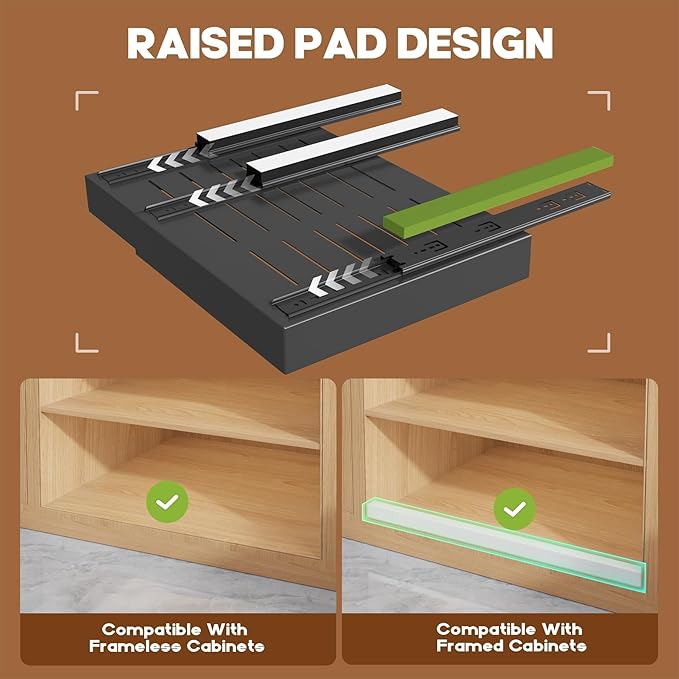 2 Pack Expandable (15.1"-26.3") Pull Out Cabinet Organizer 21" Deep With Raising Pad for Framed Cabinets,Upgrade 3 Slide Rails Slide Out Drawers,No Drill Roll Out Shelves Adhesive,Black