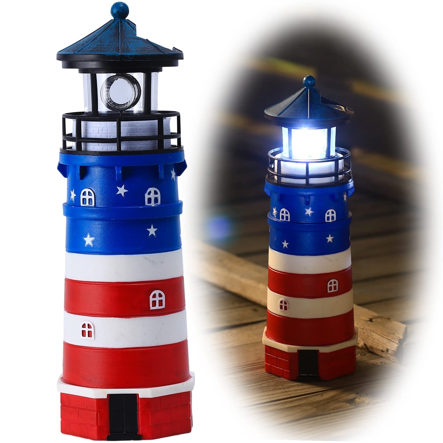 WDLFCGC Solar Powered Lighthouse - 12in Rotating Beacon Decoration, Blue Top, Model 3130C