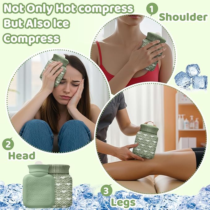 Amylove Mini Hot Water Bottle 320ml for Hot & Cold Compress with Cover Silicone Microwave Heating Small Water Bag for Travel Pain Relief Holiday Gifts(Sage Green)