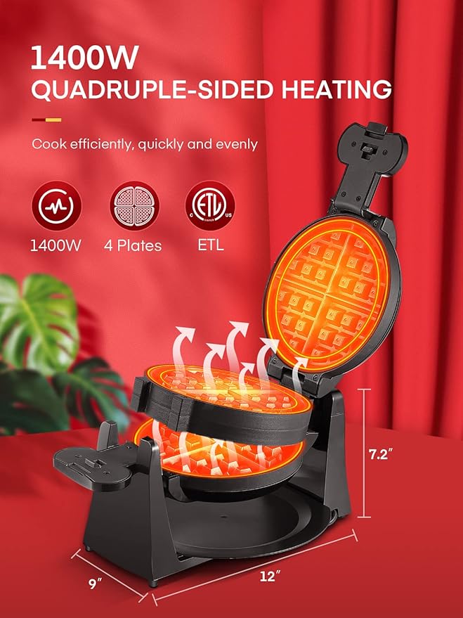 Waffle Maker, 1400W Double Belgian Waffle Iron 180° Flip, 8 Slices in 3 Mins, Rotating & Nonstick Plates, Anti-Scald, Removable Drip Tray Easy to Clean, Cool Touch Handle, Space-Saving Storage(Black)