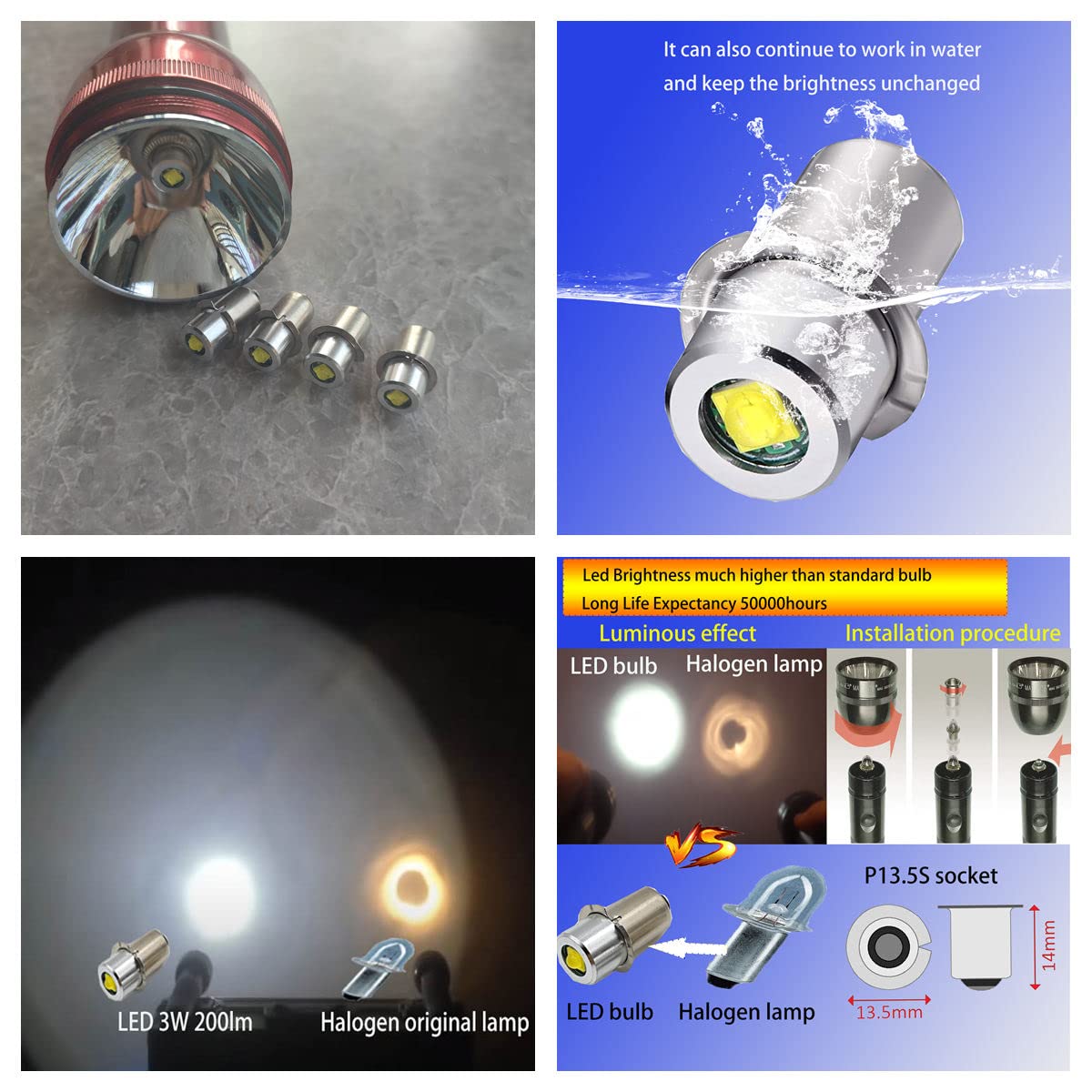 GLGYCB P13.5S PR2 LED Bulb Flashlight Replacement Led Conversion kit 2D 3D 4d Cell Bulbs 3W 3V 4.5V 6V for 2-4C&D LED Bulbs 4Pack