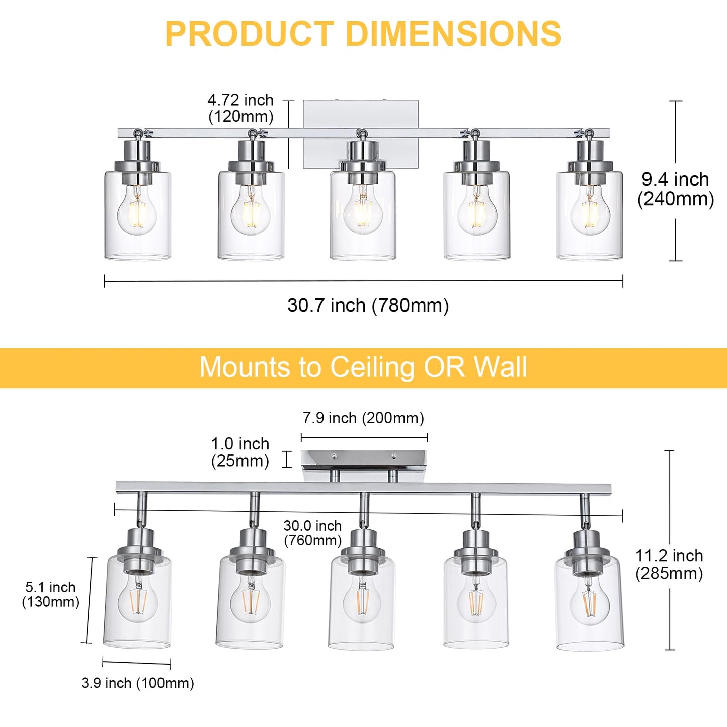 Wanluce 5-Light Track Lighting Kit Ceiling Kitchen Track Lighting Fixtures Chrome Bathroom Vanity Wall Lights With Clear Glass Multi-Directional Rotating Tracking Light Heads Spotlight For Accent Shop