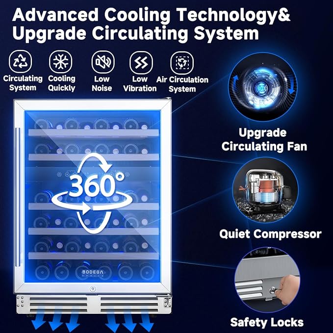 BODEGA 24 Inch Wine Cooler Refrigerator, 46 Bottle Dual Zone Wine Fridge with Double-Layer Tempered Glass Door,wine refrigerator with Temperature Memory Function, Built-in or Freestanding wine cooler.