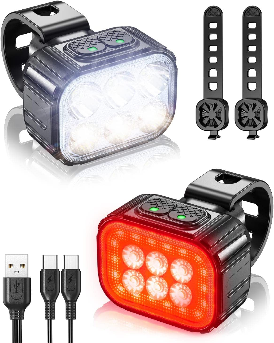 Victoper 6 Led Bike Lights - Usb C Rechargeable, Waterproof, Matte Black, Front & Back For Safety Biking And Night Riding