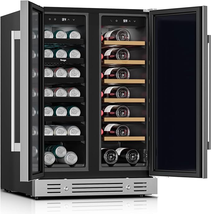 Yeego 24 Inch Wine and Beverage Cooler - 34-65°F Dual Zone, Holds 60 Cans & 20 Bottles, Stainless Steel Door with Lock for Built-in/Undercounter Installation in Kitchen, Patio, Bar & Outdoor Use