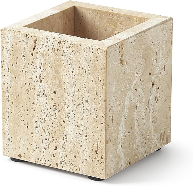 Real Natural Travertine Marble Toothbrush Holder & Pen Holder & Makeup Brush Holder & Utensil Holder, Genuine Stone Rectangular Bathroom Tumbler Cup, Durable Office & Home Countertop Organizer