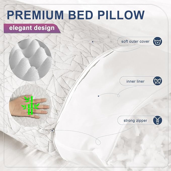 Memory Foam Pillows King Size Set of 2, Adjustable Bed Pillows for Sleeping, Shredded Memory Foam Pillows for Side Back Stomach Sleepers, 20 x 36 in