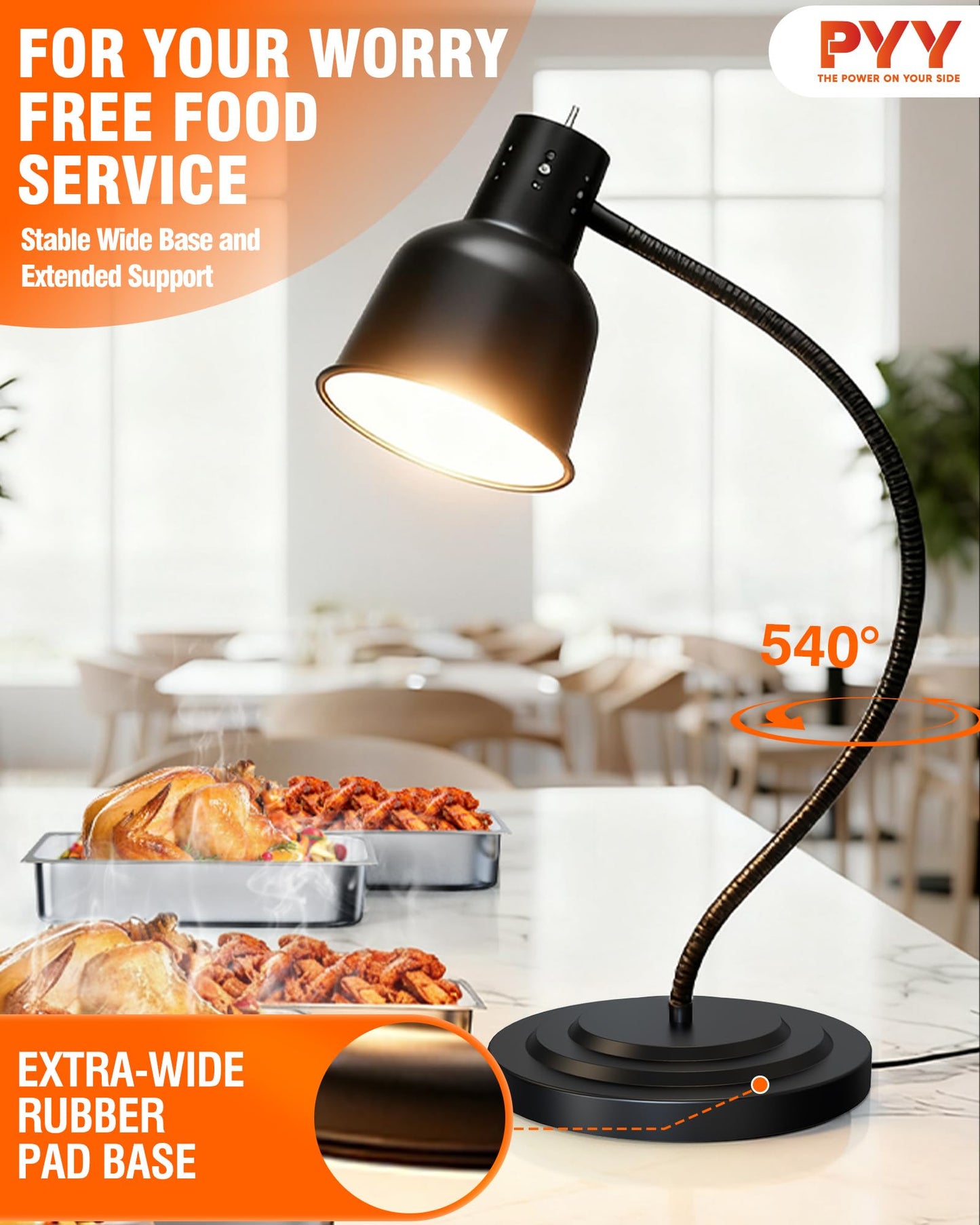PYY Food Heat Lamp - 250W Steady Heating Commercial Food Warmer Lamp, 2 Bulbs Included, Heavy Base for Stability & Stainless Steel Build, 8.5 lbs Ideal for Catering, Restaurant, Buffet, (1-Head Black)