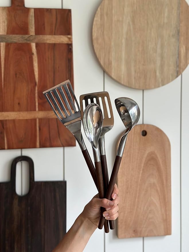 Salt & York 4-Piece Stainless Steel Cooking Utensil Set – Handcrafted Walnut Wood Handles, Mirror-Polished 18/8 Steel – Durable, Heat-Resistant Kitchen Tools & Premium Gift for Home Cooks