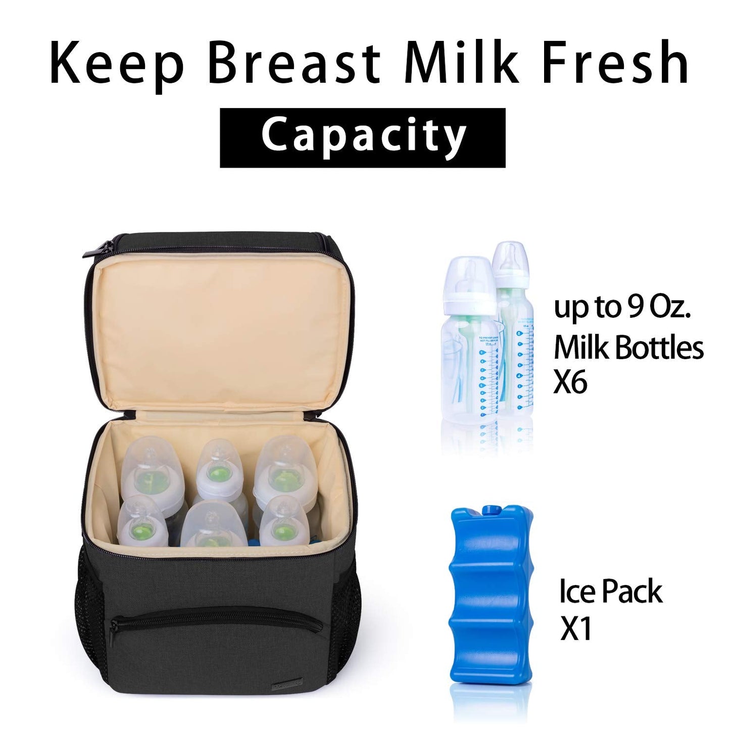 Teamoy Breastmilk Cooler Bag with Ice Pack, Double Layer Travel Bottle Cooler Tote - Fits 6 Large 9 oz Bottles, Black